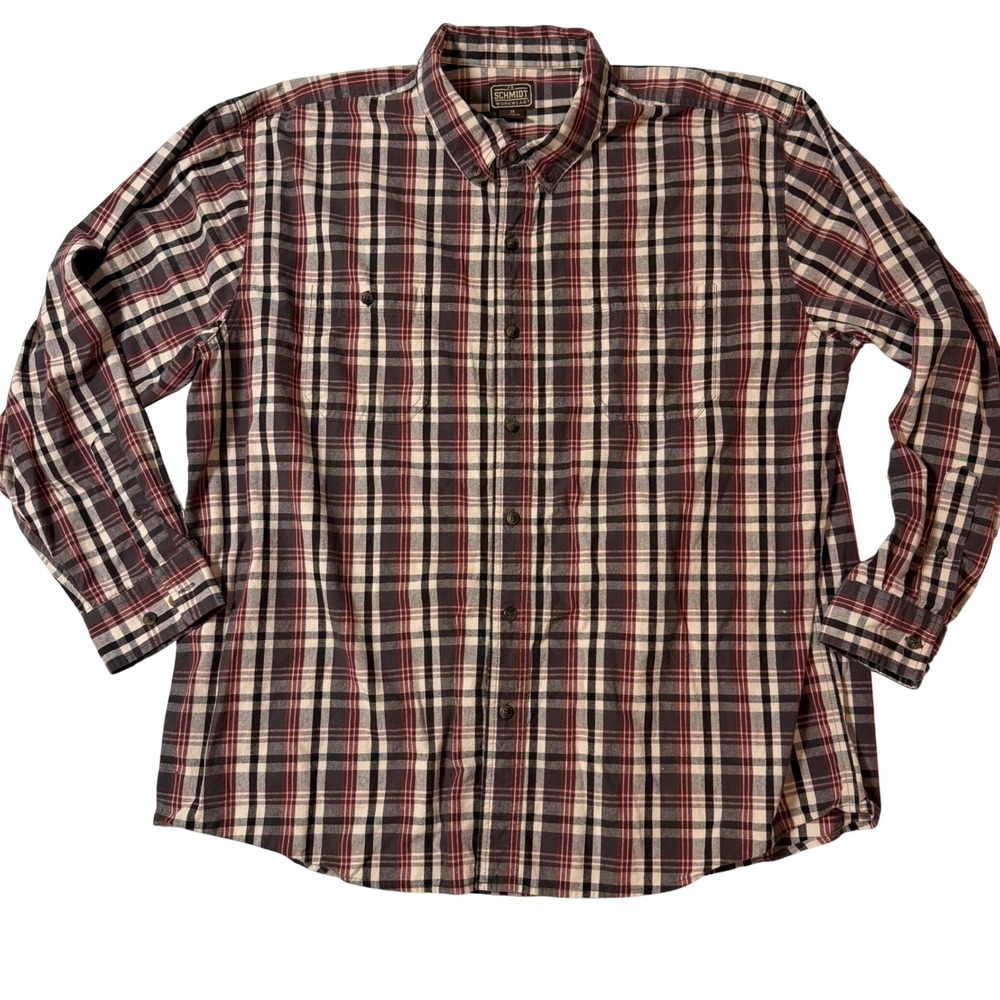 CE Schmidt Workwear Men 2X Plaid Button Down Shirt Burgundy Black Cotton Long